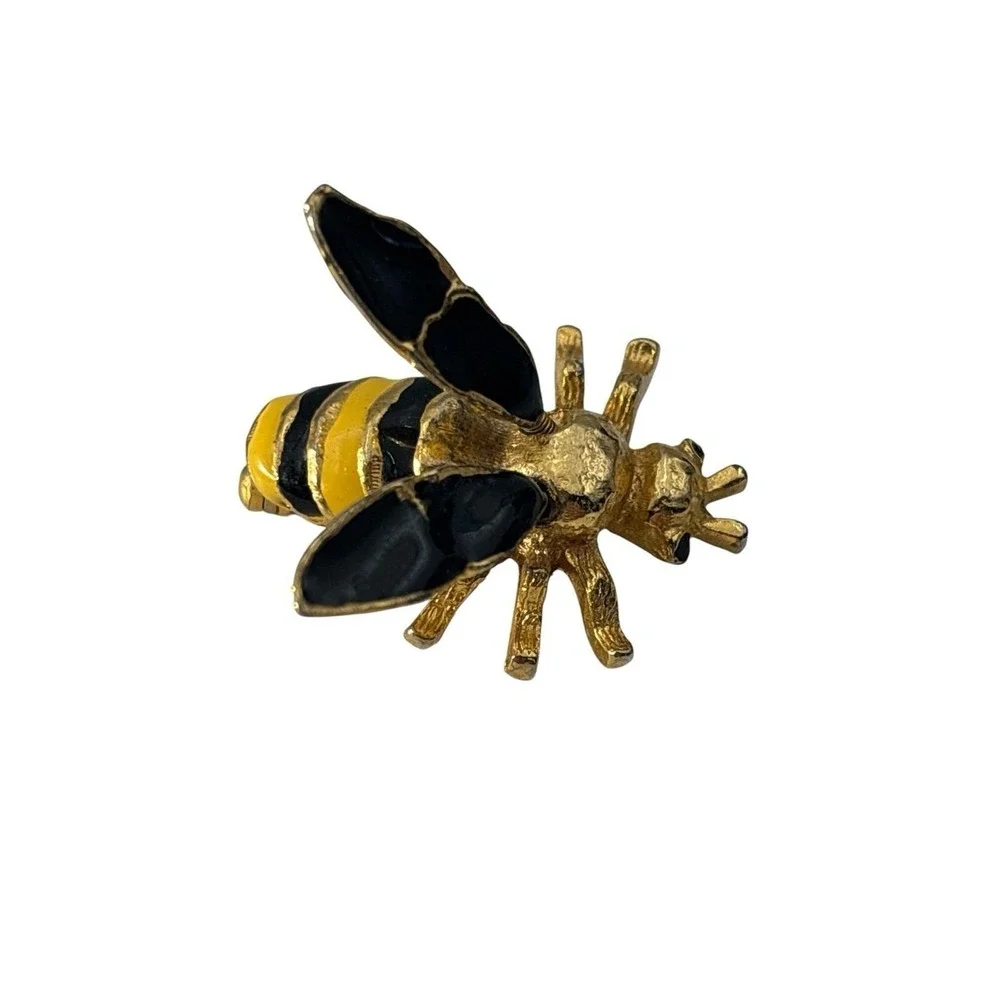 Vintage Gold Tone Black Yellow Enamel Trembler Wings Bumble Bee Brooch Pin